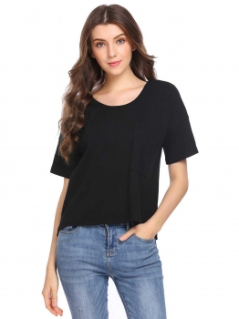 

Black O-Neck Short Sleeve Solid Thread Hem Split Pocket T-shirt, Multicolor