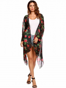 

Black Long Sleeve Asymmetric Floral Chiffon Maxi Smock, Multicolor