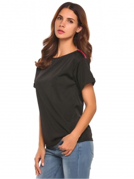 

Black Round Neck Short Sleeve Patchwork Loose Fit T-Shirt, Multicolor