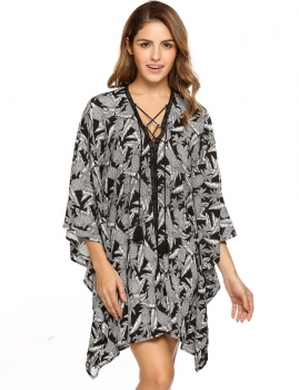 

Black Bohemian Raglan Long Sleeve Floral Print Bandage Loose Shift Dress, Multicolor