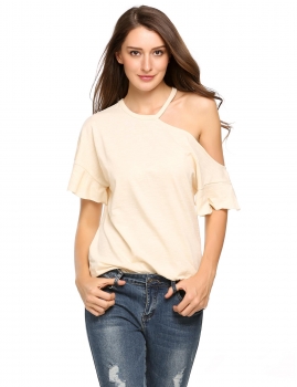 

Beige Oblique Collar Solid Ruffle Short Sleeve Sexy Tops, Multicolor