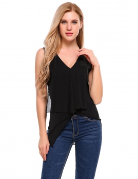 

Black V-Neck Sleeveless Asymmetry Hem Solid Tank Tops, Multicolor