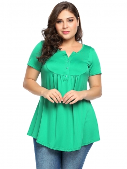 

Green Plus Size Notched Collar Short Sleeve Pleated Tops, Multicolor