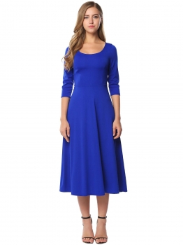 

Blue Vintage Style 3"4 Sleeve Solid Fit and Flare Dress, Multicolor