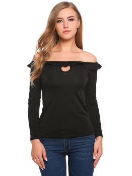 

Black Solid Off the Shoulder Long Sleeve Stretchy Slim Tops, Multicolor