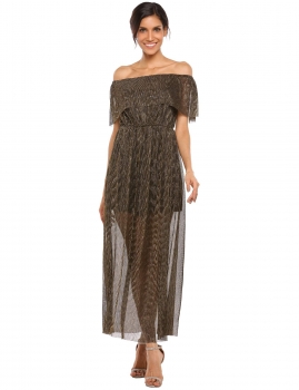 

Gold Off Shoulder Ruffles Glitter Slim Fit Maxi Dress, Multicolor