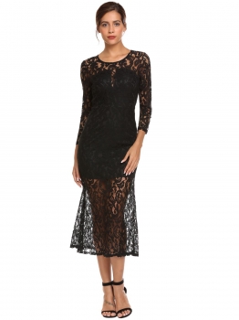 

Black Long Sleeve Lace Overlay Solid Slim Dress, Multicolor