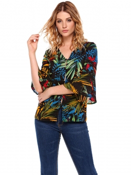 

Black V-Neck Flare 3"4 Sleeve Button Prints Loose Blouse, Multicolor