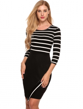 

Black 3"4 Sleeve Striped Package Hip Patchwork Asymmetric OL Dress, Multicolor