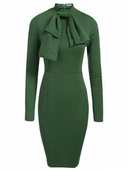 

Army green Women Fashion Stand Neck Long Sleeve Solid Bowknot Bodycon Slim Pencil Dress, Multicolor