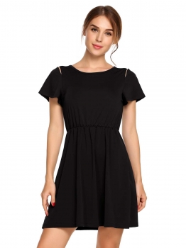 

Black O-Neck Short Sleeve Solid Skater Dress, Multicolor