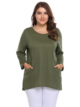 

Army green Plus Sizes O-Neck Back Tie Pockets Long Sleeve Tops, Multicolor