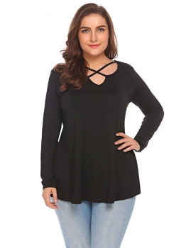 

Black Women Plus Size Cross Notched Neck Long Sleeve Tunic T-Shirt, Multicolor