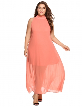 

Watermelon red Plus Size Chiffon High Neck Sleeveless Solid Belted Dress, Multicolor