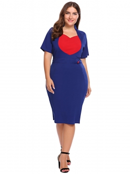 

Dark blue Plus Size Vintage Style Short Sleeve Contrast Color Bodycon Dress, Multicolor