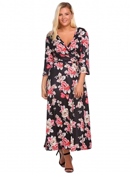 

Black Plus Size Surplice Neck Belted Floral Maxi Dress, Multicolor
