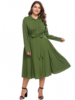 

Army green Plus Size Turn Down Collar Long Sleeve Belted Shirt Dress, Multicolor