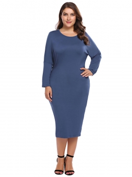 

Blue Plus Size Batwing Long Sleeve Solid Dress, Multicolor