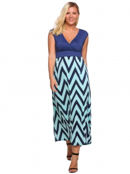 

Dark blue Plus Size Surplice Neck Sleeveless Wave Stripe Maxi Dress, Multicolor