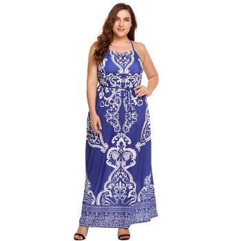 

Blue Plus Size Halter Backless Floral Belted Maxi Dress, Multicolor