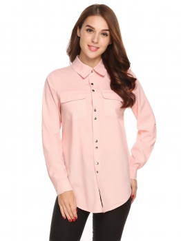 

Pastel pink Solid Long Sleeve Button Down Collar Loose Shirt, Multicolor