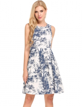 

Blue O-Neck Sleeveless Prints A-Line Pleated Hem Dress, Multicolor