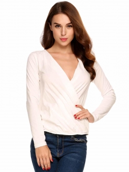 

Beige Solid Wrap Long Sleeve Deep V-Neck Back Key Hole Cotton Tops, Multicolor