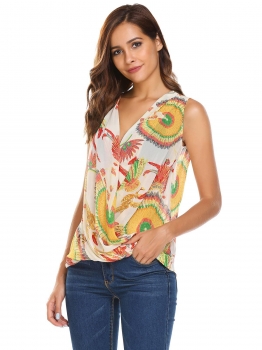 

Beige Print Sleeveless Cross Front Faux Wrap Draped Chiffon Blouse, Multicolor