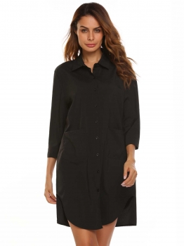 

Black Turn Down Collar Split Shirt Dress with Pocket, Multicolor