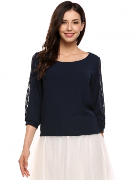 

Dark blue O-Neck 3"4 Sleeve Lace Patchwork Chiffon Solid Blouse, Multicolor