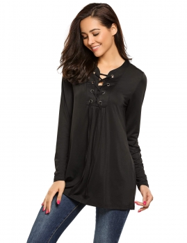 

Black Lace up Long Sleeve Solid Loose Fit Tunics, Multicolor
