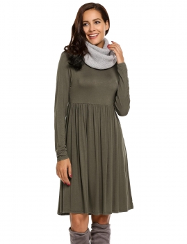 

Army green Long Sleeve Solid O Neck Loose Smock Dress, Multicolor