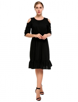

Black Cold Shoulder Solid Ruffle Cuffs and Hem Dress, Multicolor
