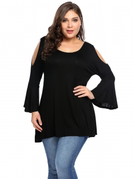 

Black Plus Size Cold Shoulder 3"4 Sleeve Comfy Asymmetrical Hem Tops, Multicolor