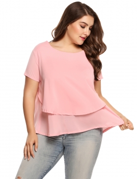 

Pink Solid O-Neck Short Sleeve Ruffled Chiffon Blouse, Multicolor