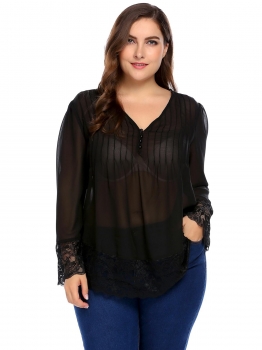 

Black Plus Size V-Neck Long Sleeve Lace-Trim Chiffon Blouse, Multicolor