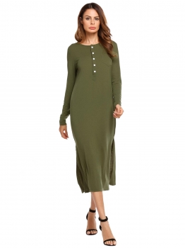 

Army green Long Sleeve Split Loose Solid Dress with Pocket, Multicolor