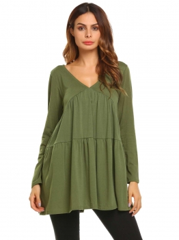 

Army green V-Neck Long Sleeve Draped Solid Blouse, Multicolor