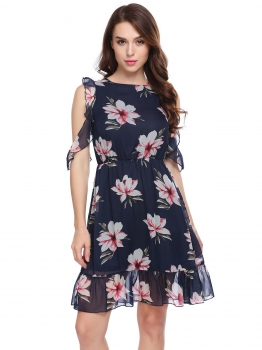 

Blue Cold Shoulder Ruffle Sleeve Flora Chiffon Dress, Multicolor