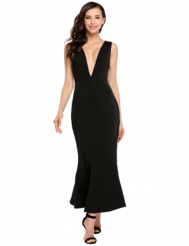 

Black Deep V Neck Sleeveless Solid Fishtail Bodycon Evening Maxi Dress, Multicolor