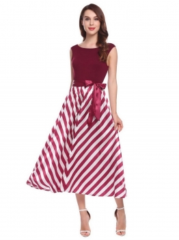 

Wine red Women Casual V-Neck Sleeveless Patchwork A-Line Pleated Sexy Long Dress, Multicolor