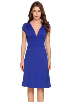 

Blue Solid Deep V Neck Cap Sleeve Fishtail Hem Dress, Multicolor