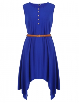 

Blue Plus Size Sleeveless Button Irregular Loose Tunic Dress with Belt, Multicolor