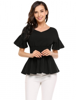 

Black Solid Elastic Waist Short Sleeve Pleated Hem Peplum Tops, Multicolor