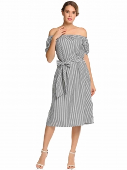 

Black Off the Shoulder Short Sleeve Striped Pocket Dress with Belt, Multicolor