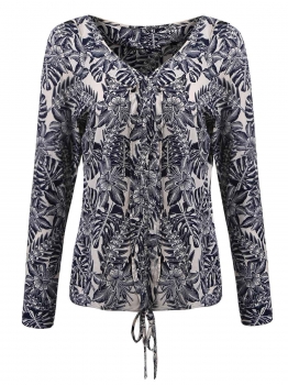 

Black Ruffles V-Neck Long Sleeve Drawstring Front Print Blouse, Multicolor