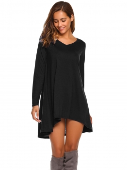 

Black V-Neck Long Sleeve Solid Irregular Casual Loose Dress, Multicolor