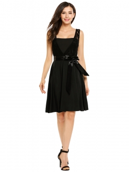 

Black Square Neck Sleeveless Lace Patchwork Dress with Belt, Multicolor