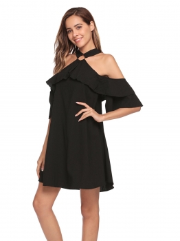 

Black Flare Sleeve Cold Shoulder Ruffles Dress, Multicolor