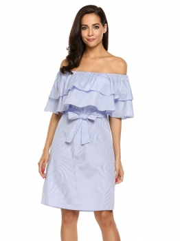 

Blue Off-shoulder Ruffles Sleeveless Striped Dress with Belt, Multicolor